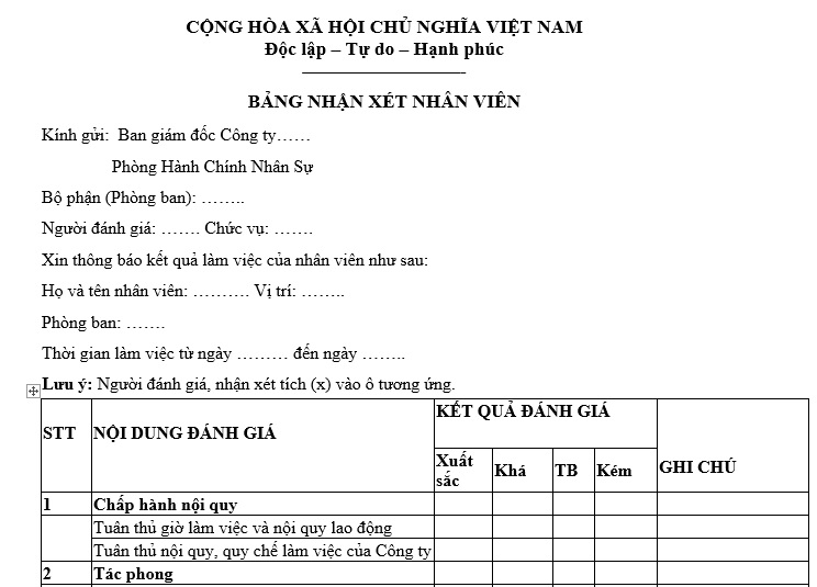 bảng nhận xét nhân viên