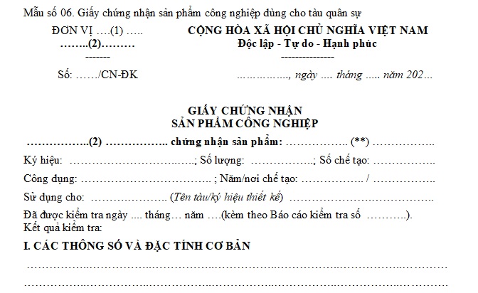 giấy chứng nhận sp công nghiệp dùng cho tàu quân sự