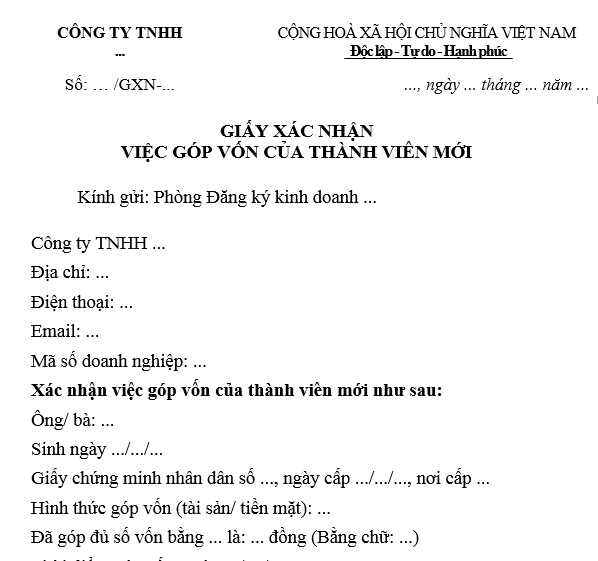 giấy xác nhận việc góp vốn