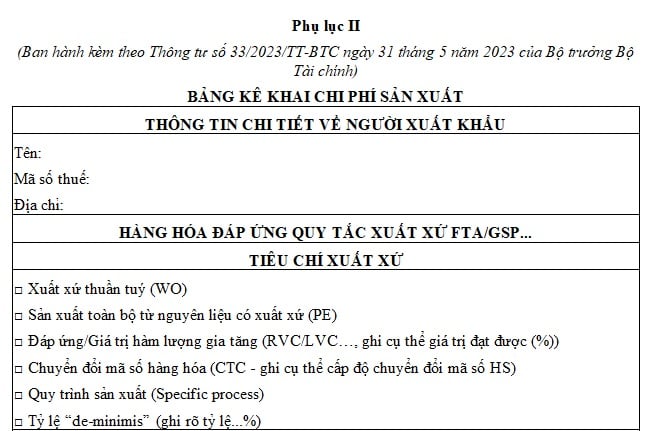 bảng kê khai chi phí sản xuất