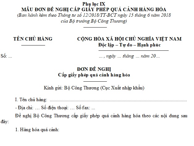 cấp giấy phép quá cảnh hàng hóa