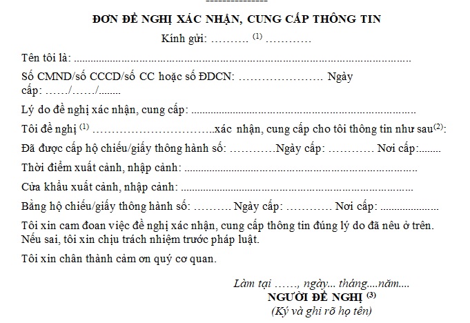 Mẫu đơn đề nghị xác nhận cung cấp thông tin giấy thông hành mới nhất là mẫu nào? Tải về tại đâu?