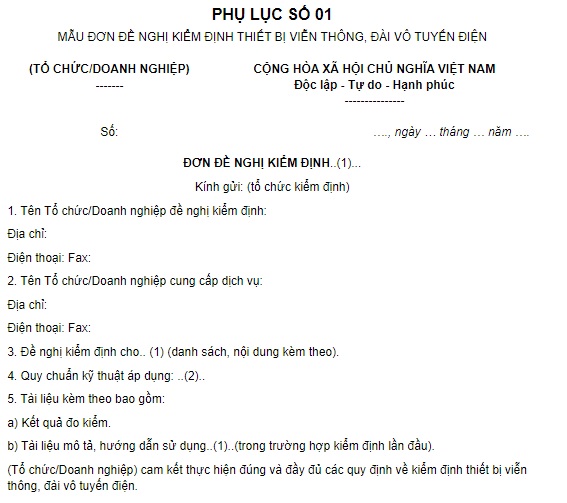 mẫu đơn đề nghị kiểm định thiết bị viễn thông