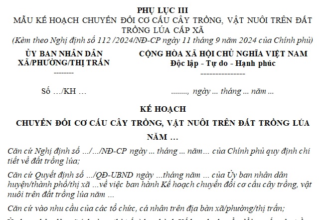 kế hoạch chuyển đổi cơ cấu cây trồng vật nuôi