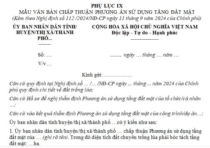 Mẫu văn bản chấp thuận phương án sử dụng tầng đất mặt mới nhất hiện nay là mẫu nào? Tải về mẫu tại đâu?