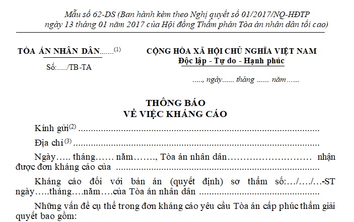 thông báo về việc kháng cáo