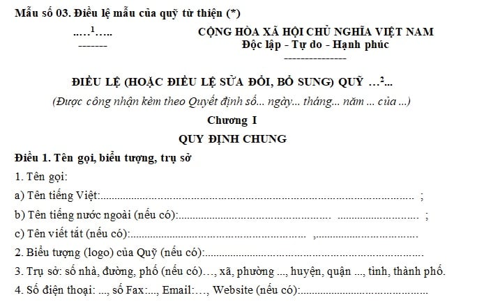 mẫu điều lệ mẫu của quỹ từ thiện