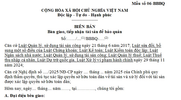biên bản bàn giao tài sản để bảo quản