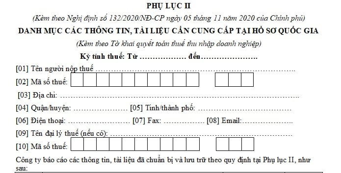 danh mục các thông tin tài liệu cần cung cấp tại hồ sơ quốc gia