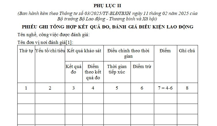 mẫu phiếu ghi đánh giá đk lao động