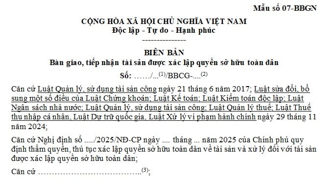 biên bản bàn giao tiếp nhận tài sản được xác lập quyền sở hữu toàn dân