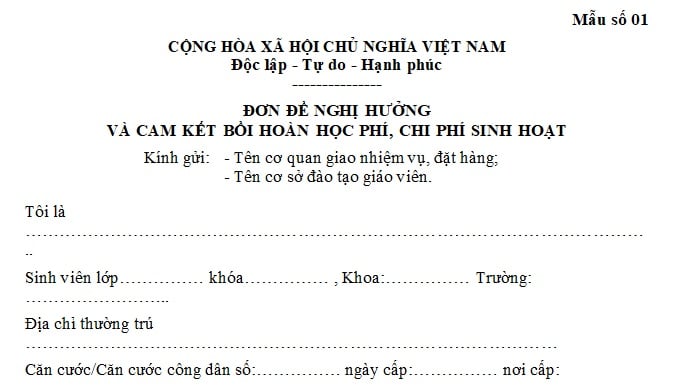 đơn đề nghị hưởng chi phí sinh hoạt