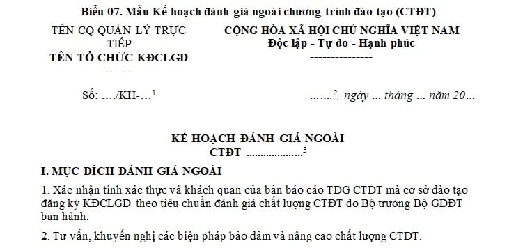 mẫu kế hoạch đánh giá ngoài chương trình đào tạo giáo dục đại học