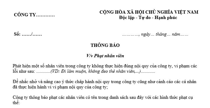 Mẫu thông báo phạt nhân viên đi làm trễ là mẫu nào? 