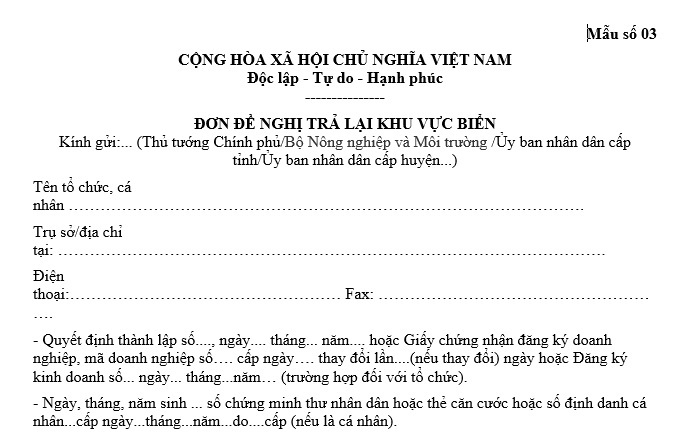 đơn đề nghị trả lại khu vực biển