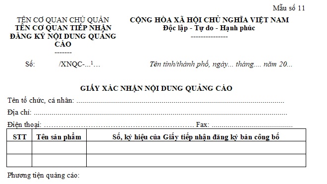 giấy xác nhận nd quảng cáo thực phẩm