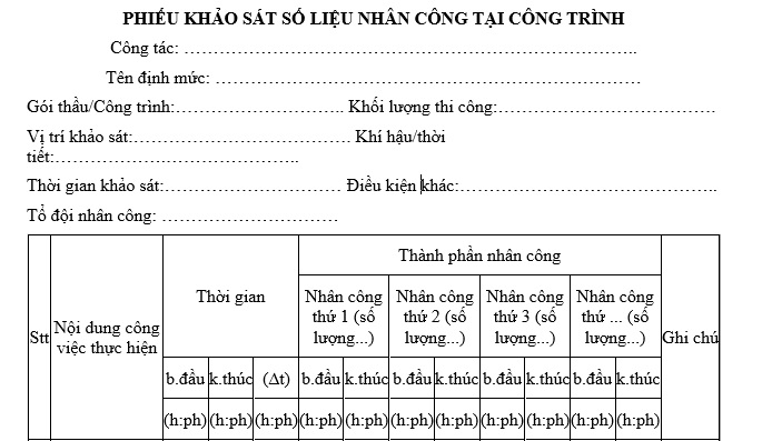 phiếu khảo sát số liệu nhân công tại công trình