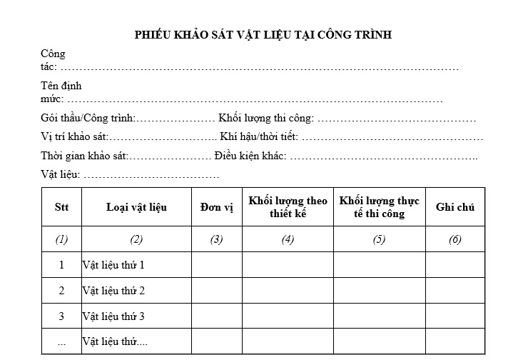 phiếu khảo sát vật liệu tại công trình