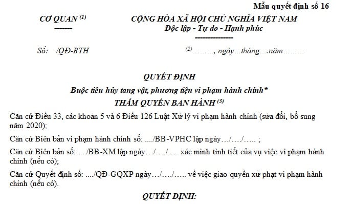 mẫu quyết định buộc tiêu hủy phương tiện vi phạm hành chính