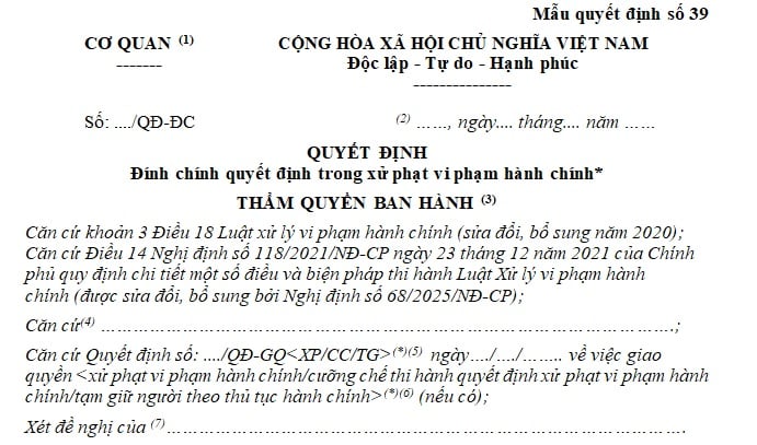mẫu quyết định đính chính quyết định