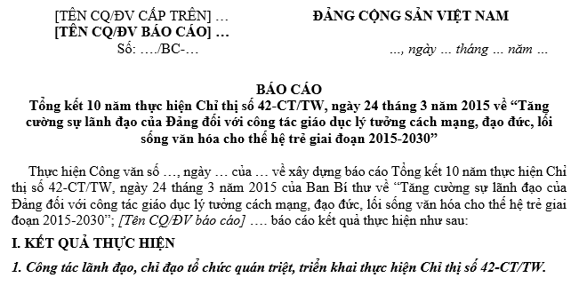 Đề cương Báo cáo tổng kết 10 năm thực hiện Chỉ thị 42 CT TW 