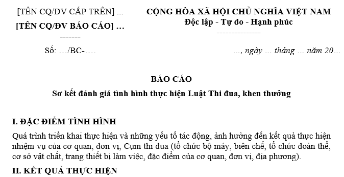 Đề cương Báo cáo sơ kết đánh giá tình hình thực hiện Luật Thi đua khen thưởng