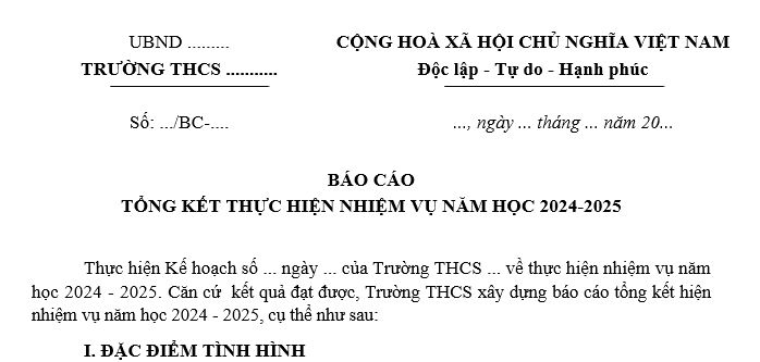 Mẫu Báo cáo tổng kết năm học 24 25 trường THCS 