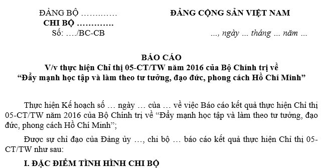 Mẫu báo cáo thực hiện Chỉ thị 05 CT TW của chi bộ