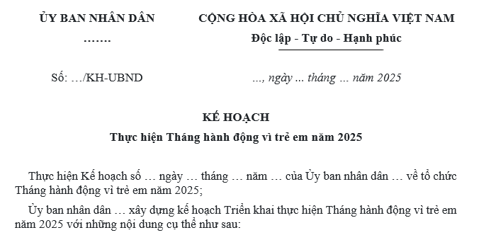 Mẫu Kế hoạch thực hiện Tháng hành động vì trẻ em