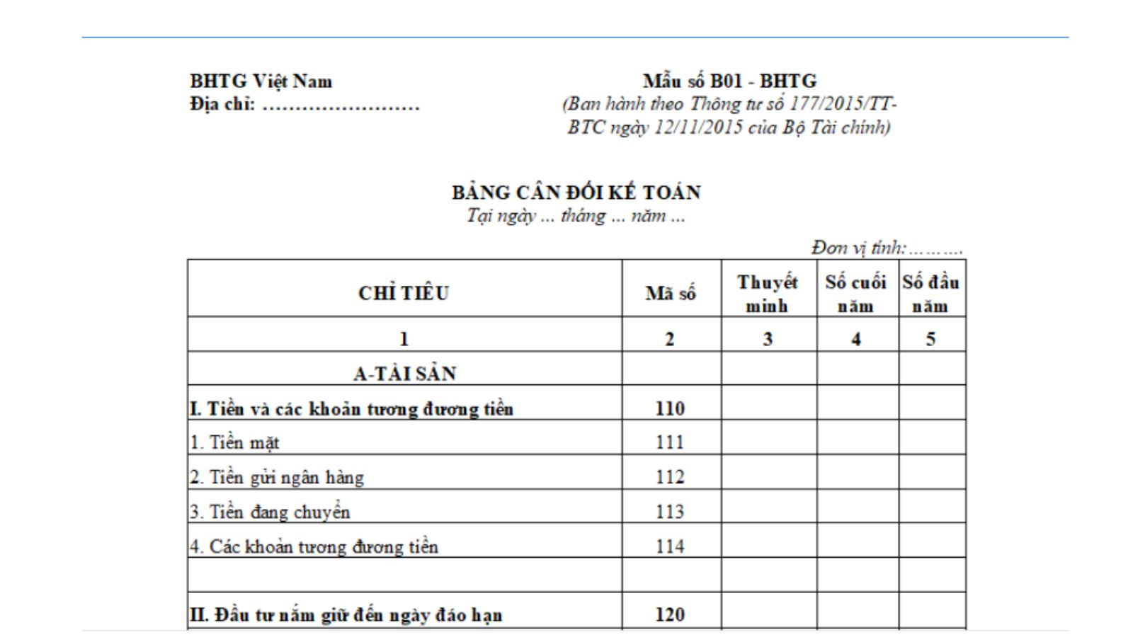 Mẫu Bảng Cân đối kế toán năm áp dụng cho Bảo hiểm tiền gửi Việt Nam? Những chỉ tiêu nào được miễn trình bày trên Bảng cân đối kế toán?