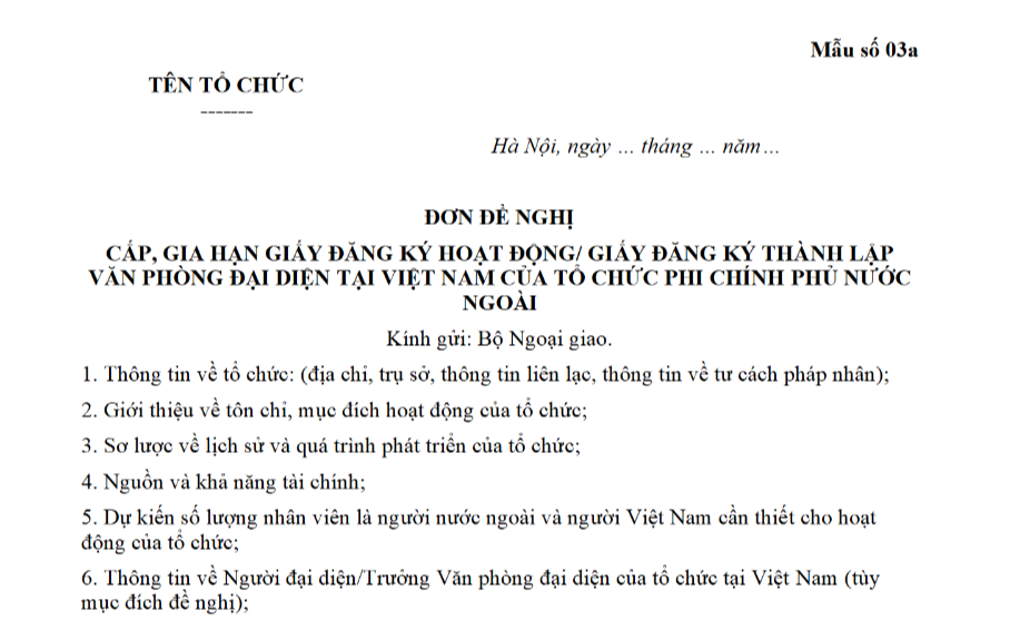 Mẫu đơn đề nghị cấp Giấy đăng ký lập Văn phòng đại diện tại Việt Nam của Tổ chức phi chính phủ nước ngoài là mẫu nào?