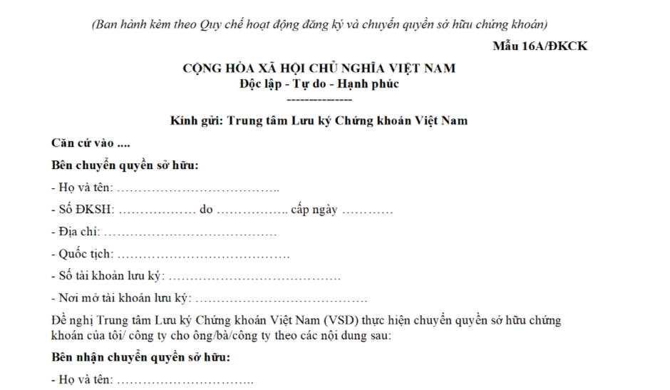 Mẫu văn bản đề nghị chuyển quyền sở hữu chứng khoán do tặng cho chứng khoán tại Trung tâm Lưu ký Chứng khoán Việt Nam là mẫu nào?