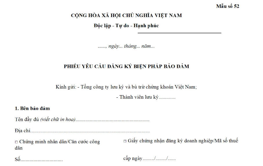 Mẫu phiếu yêu cầu đăng ký biện pháp bảo đảm đối với chứng khoán đăng ký tập trung tại Tổng công ty lưu ký và bù trừ chứng khoán Việt Nam là mẫu nào?
