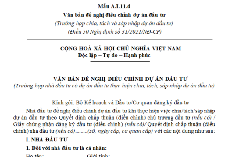 Mẫu văn bản đề nghị điều chỉnh dự án đầu tư đối với trường hợp nhà đầu tư chia, tách dự án đầu tư mới nhất?