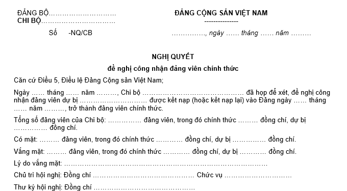 Mẫu Nghị quyết đề nghị công nhận đảng viên chính thức của chi bộ.