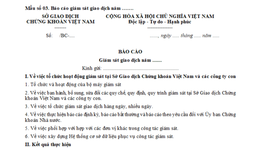 Mẫu báo cáo giám sát giao dịch năm áp dụng cho Sở giao dịch chứng khoán Việt Nam hiện nay là mẫu nào?