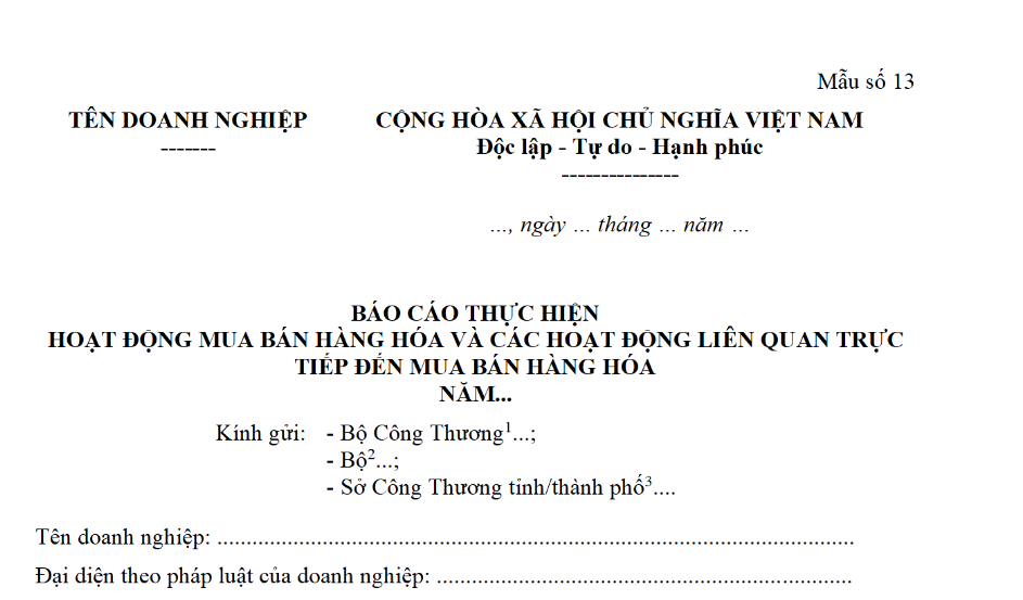 Mẫu báo cáo tình hình hoạt động mua bán hàng hóa của tổ chức kinh tế có vốn đầu tư nước ngoài tại Việt nam?