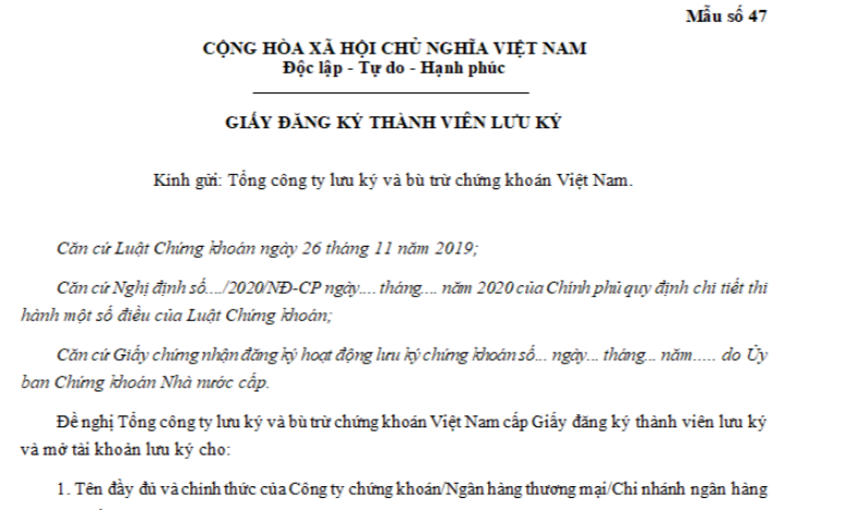 Mẫu giấy đăng ký thành viên lưu ký của Tổng công ty lưu ký và bù trừ chứng khoán Việt Nam được quy định thế nào?