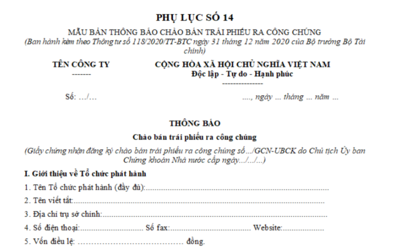 Mẫu thông báo chào bán trái phiếu ra công chúng của công ty đại chúng?