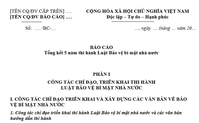 Mẫu Đề cương Báo cáo tổng kết 05 năm thi hành Luật Bảo vệ bí mật nhà nước