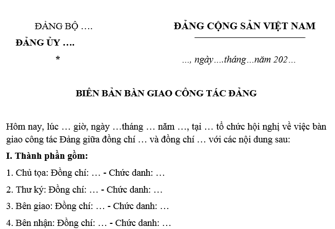 Mẫu biên bản bàn giao công tác Đảng của Bí thư Đảng ủy cơ sở