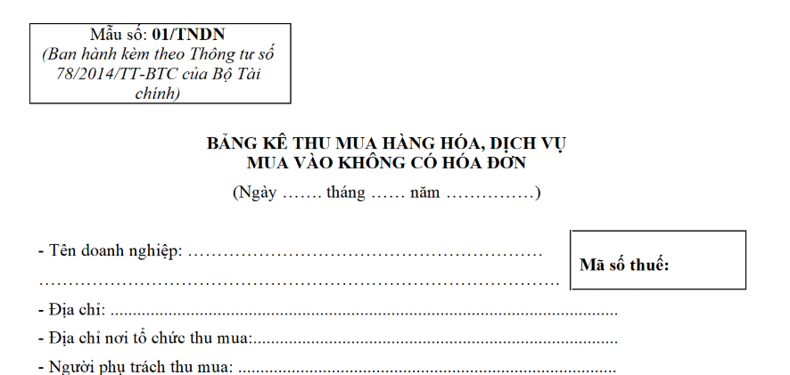 Mẫu Bảng kê thu mua hàng hóa dịch vụ không có hóa đơn