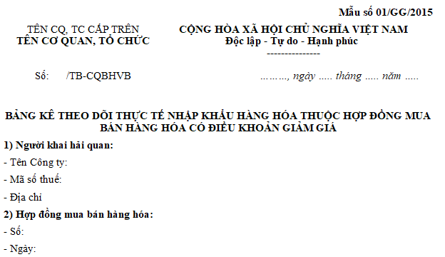 Mẫu Bảng kê theo dõi thực tế việc nhập khẩu hàng hóa là mẫu nào? 