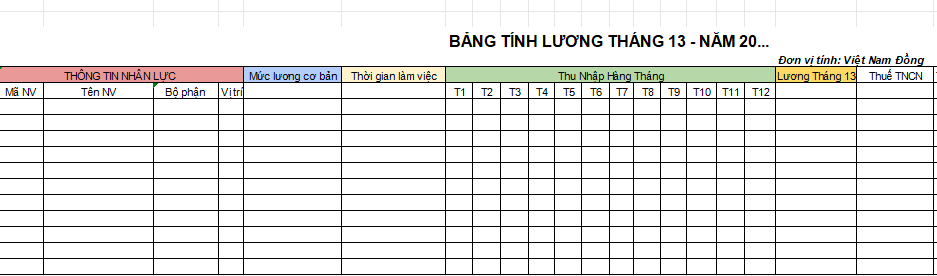 Bảng tính lương tháng 13