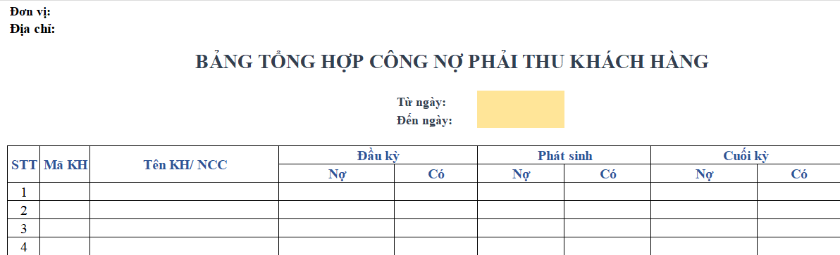 Mẫu bảng tổng hợp công nợ phải thu khách hàng mới nhất 