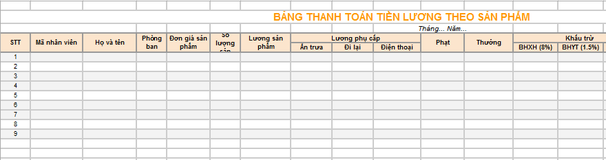 Mẫu Bảng tính lương theo sản phẩm bằng Excel