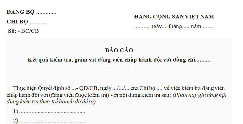 Mẫu báo cáo kết quả kiểm tra, giám sát đảng viên của chi bộ?