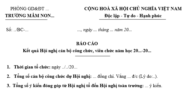 Mẫu Báo cáo kết quả Hội nghị cán bộ công chức, viên chức trường mần non