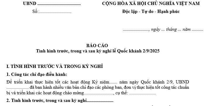 Mẫu báo cáo tình hình trong dịp nghỉ lễ Quốc khánh 2/9