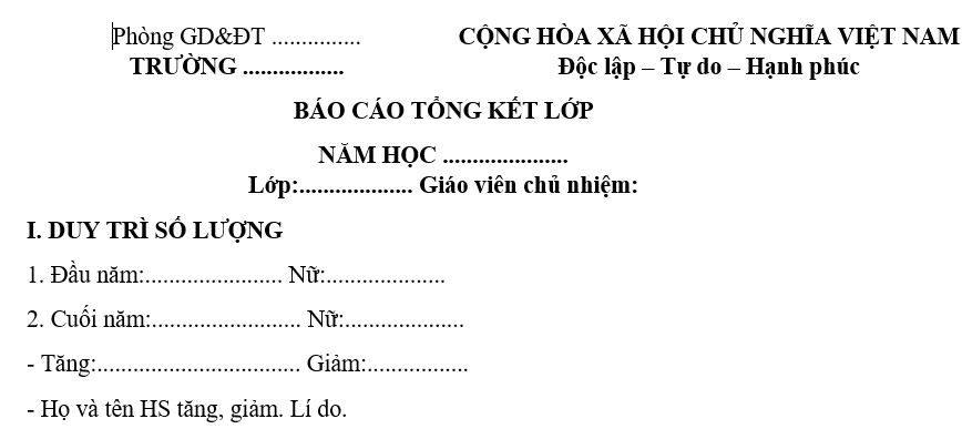 Mẫu báo cáo tổng kết năm học của lớp